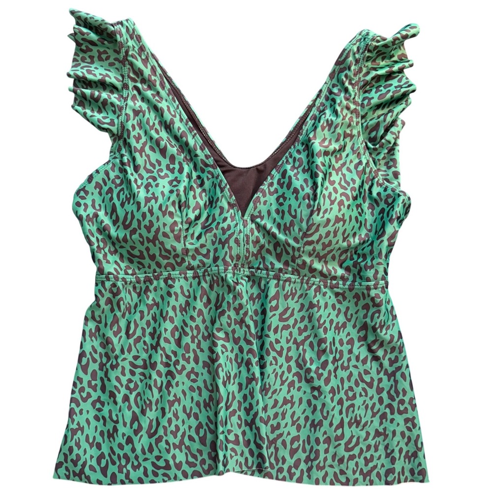 Womens Swim Top Leopard‎ Print Ruffle V Neck Tankini Teal Brown 3XL